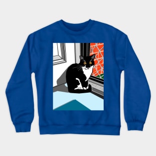 Cute Tuxedo cat sitting at the front door Copyright by TeAnne Crewneck Sweatshirt